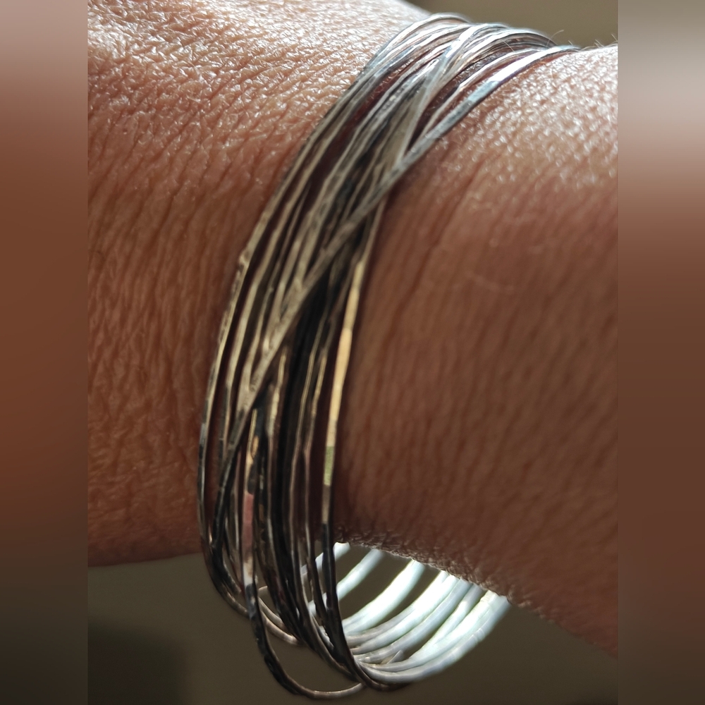 Vintage Stack Of 12 Sterling Silver Skinny Hammered Bangle Bracelets